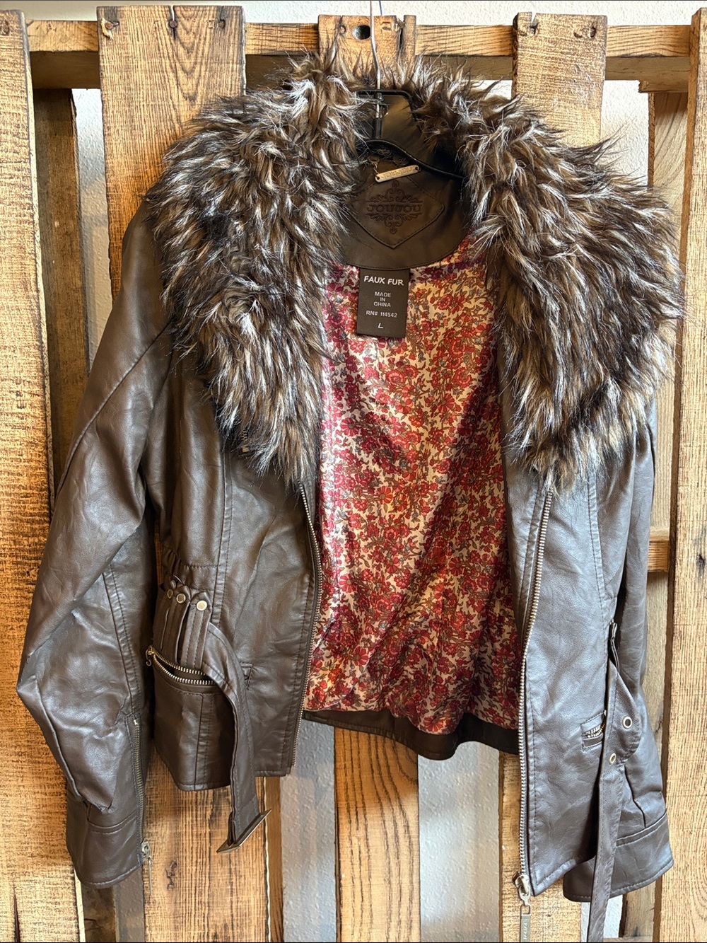 Jou Jou Women's Brown Faux-Leather Jacket with Faux-Fur Collar